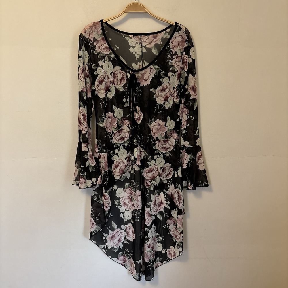 Whimsigoth Dark Romantic Tunic‎ High Low Bell Sleeve Sheer Floral Large